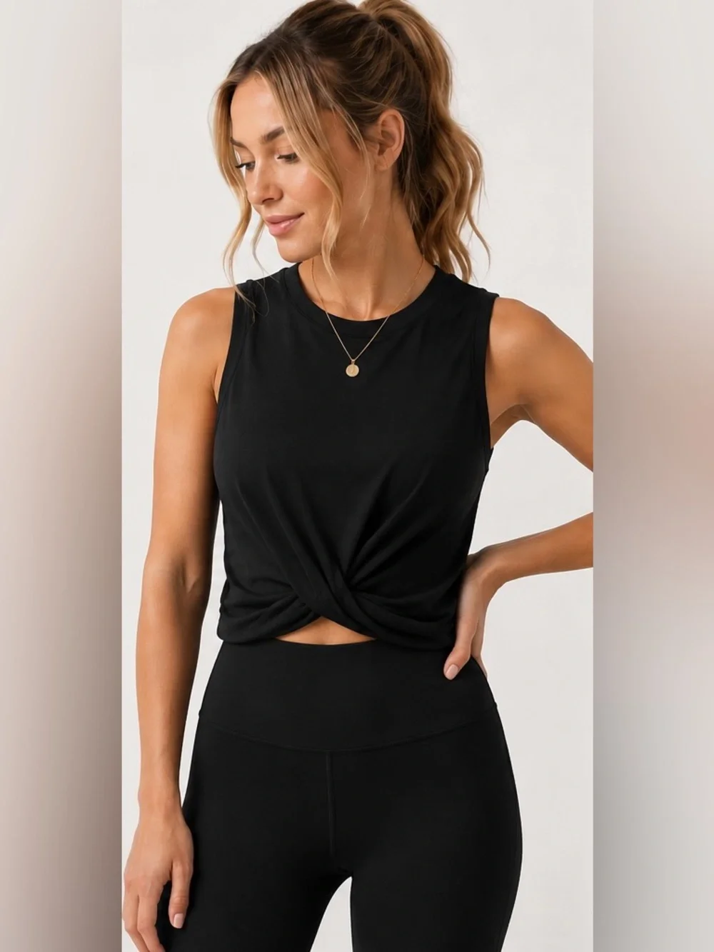 Alo Yoga Black Twist Front Cropped Tank Top
